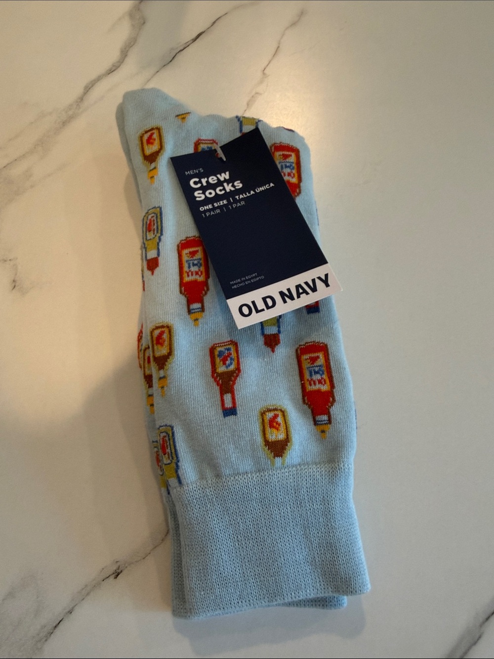 NWT Old Navy Light Blue Crew Socks with hot sauce Bottle Print